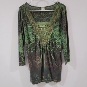 Womens Forest Fairy Ethereal Top Size XL Green Embroidered Ren Faire Goblin